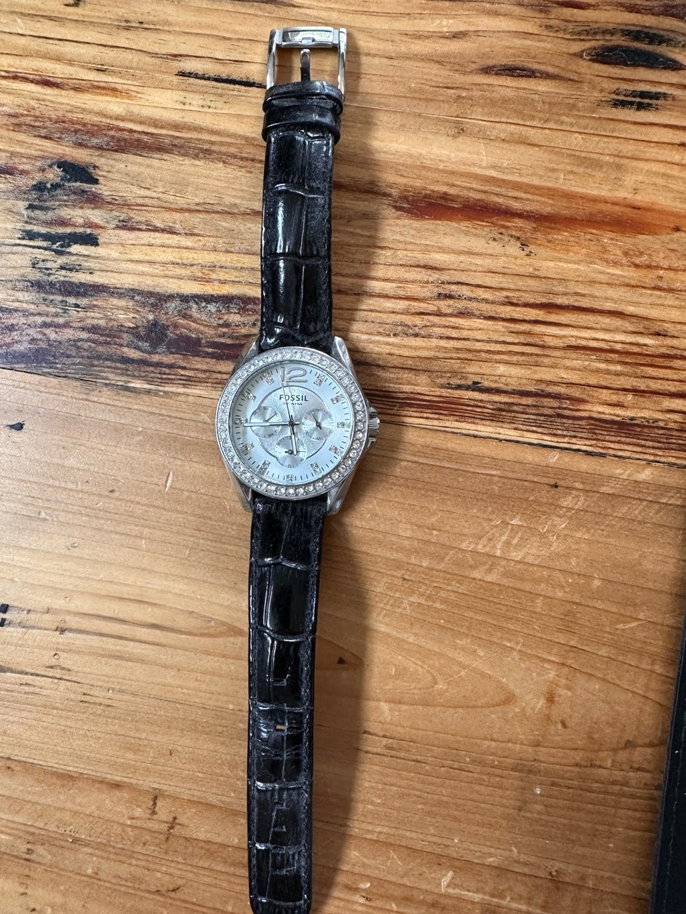 Fossil Silver-Tone Crystal Bezel Watch with Black Leather Strap